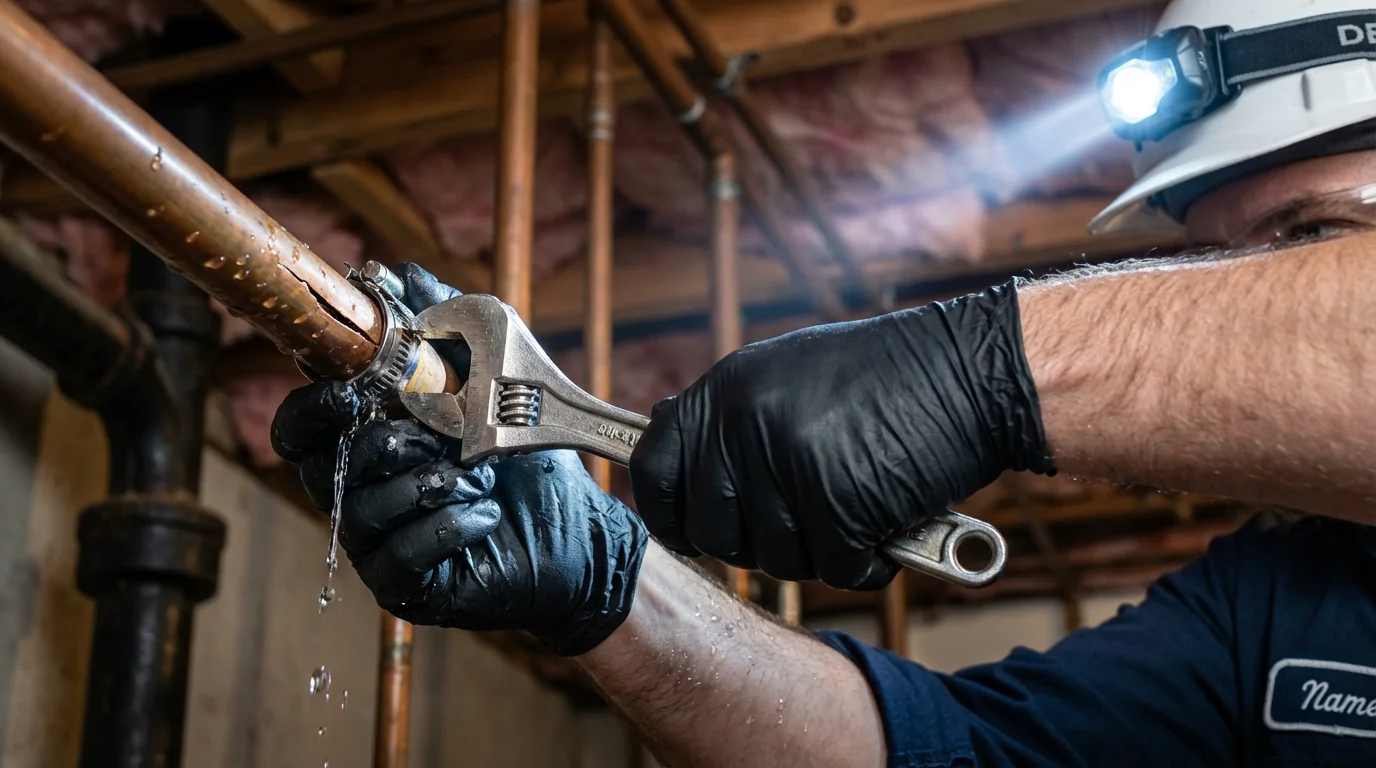 Emergency pipe clamp repair being performed by a Johns Plumbing LLC plumber in Gatesville