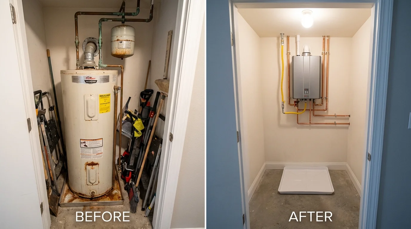 Tank water heater versus wall-mounted tankless unit comparison for Gatesville, TX homeowners