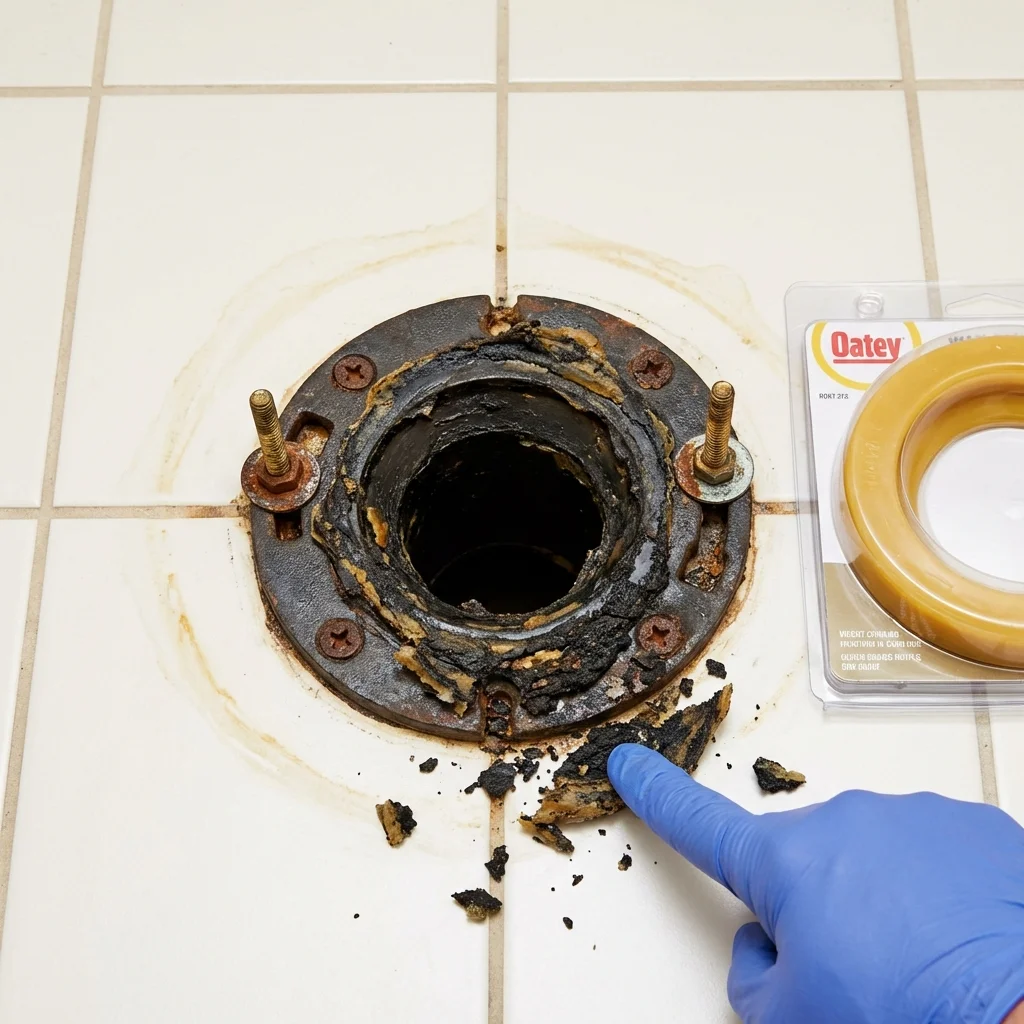 Failed wax ring showing water seepage at the base of a toilet in a Gatesville, TX home